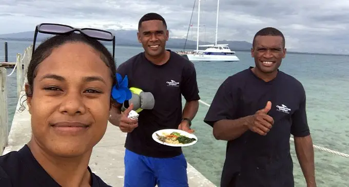 Captain Cook Cruises marine biologist, Christopher Doughty (middle) says the famous golf course in Ba is a great backyard spot for some alone time. He is flanked by a fellow marine biologist, Marica Kafoa, and boatman  Seru Nakalevu.