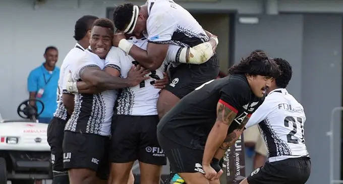 Fiji Airways Flying Fijians players mob centre Waisea Nayacalevu’s (13) after he scored his second try against the Maori All Blacks at the ANZ Stadium in Suva on July 13, 2019. Photo: Ronald Kumar