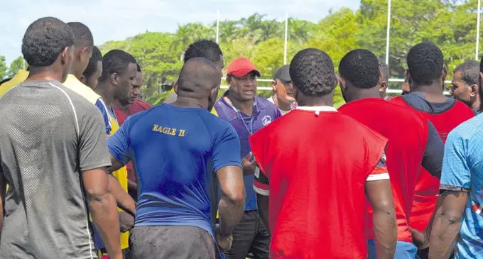 Tailevu head coach Seremaia Bai works with his young team at the University of the South Pacific grounds, Suva, on April 7, 2021. Photo: Ronald Kumar