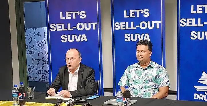 From left; Fijian Drua chief executive officer Mark Evans and head of commercial and marketing Shane Hussein during a press conference at the Suva Business Centre on March 16, 2023. Photo: Fijian Drua