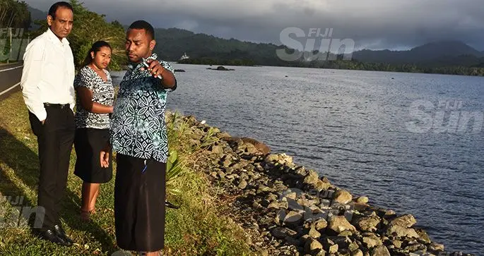 From left: The Permanent Secretary for Environment Joshua Wycliffe during his routine inspection in the North on October 2, 2019 with environment officers based in Labasa, Kesaia Sovosi and Tevita Vuniwaqa at the site where a boulder wall was being built at Balaga Bay, Savusavu. Photo: Selita Bolanavanua