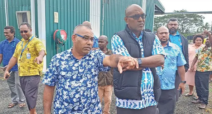 Vuo Supermarket Pte Limited managing director Jitendra Chand (front, left) takes the Minister for Health and Medical Services Dr Ratu Atonio Lalabalavu on a tour to the proposed site in Labasa on July 26, 2024. Photo: Shratika Naidu
