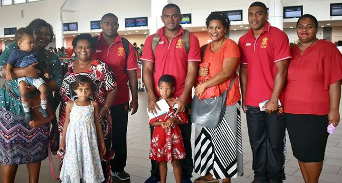From left: Viliame Tui, Vilive Aria and Apisalome Vota with their family members at the Nadi International Airport on September,10,2019 . Photo: Salote Qalubau