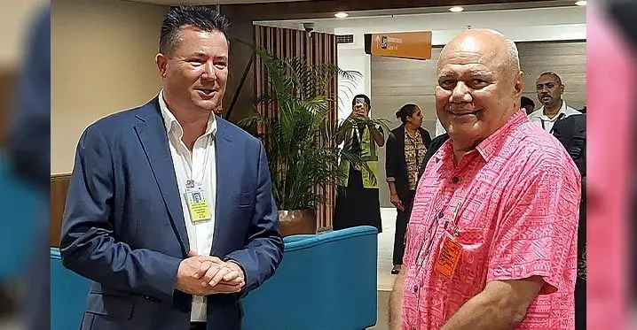 Fiji Airports chief executive officer, Rowan Chalmers(left), and the Deputy Prime Minister and Minister for Civil Aviation Viliame Gavoka during a ministerial tour of the Nadi International Airport on February 21, 2023. Photo: Salote Qalubau