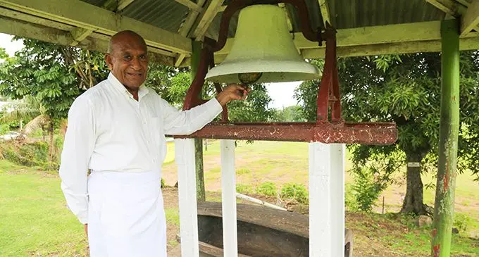 Former Speaker of Parliament, Pita Nacuva, rings the famous school bell at the Suva Methodist Primary School compound on May 29, 2020.  Photo: Kelera Sovasiga