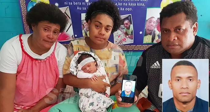 From left: Mosese Nasilasila’s mother, Mere Nasilasila, his wife, Lanieta Tuivomo Nasilasila holding their one-month-old daughter, Laniana Bucobuco Nasilasila and his father, Ulaiasi Nasilasila at their family home in Tomuka, Lautoka on March 7, 2020. Photo: Nicolette Chambers. Inset: Late Mosese Nasilasila.