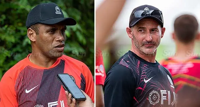 Newly-appointed Fiji men's 7s head coach Osea Kolinisau and former 7s coach, Ben Gollings. Photos: Leon Lord