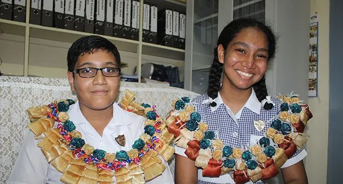 From left Deenbandhu Primary School Head boy Ravinesh Jeet with head girl Almas Biribo after the prefect induction at J Narayan College on February 7,2019.Photo:Simione Haravanua.