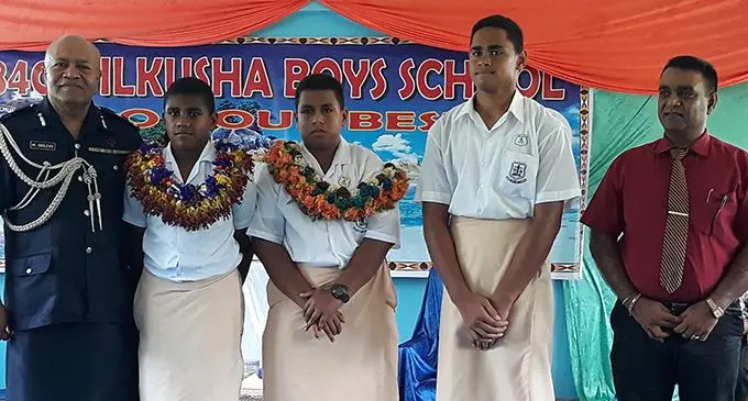 Chief guest ACP Maritino Qiolevu, Dilkusha Boys School deputy head boy Moape Seuseu, head boy Kiniviliame Keteca, deputy head boy Jokini Rayalu and head teacher Rishi Chand during the school's prefects' induction ceremony on February 8, 2019.