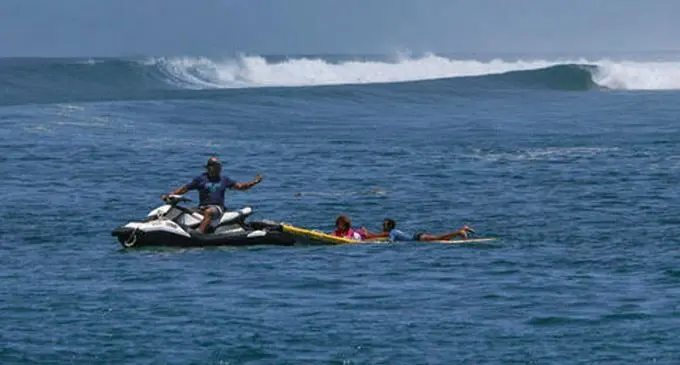 The line up and jet ski assist from Fiji Surfing coach Ian Portingale Photo: Fiji Surfing