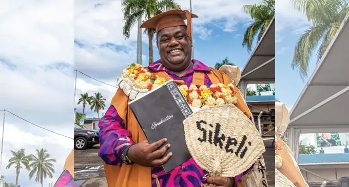 University of the South Pacific graduate Sikeli Ravuvu after his graduation on May 12, 2022 at the FMF Gymnasium. Photo: Leon Lord