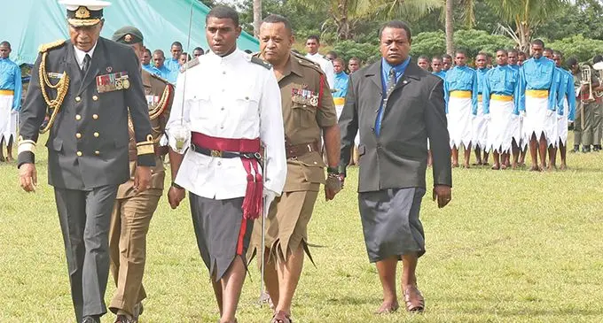 The Commander of the Republic of Fiji Military Forces (RFMF) Rear Admiral Viliame Naupoto with QVS head boy Dwayne Leca after inspecting the cadets at QVS on June 28,2019. Photo:Simione Haravanua.