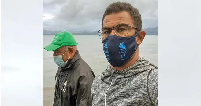 Fijian Drua head of Athletic Performance, Nacani Cawanibuka (right) with his father, former national rep and coach Alivereti Cawanibuka in Suva on August 21, 2021.