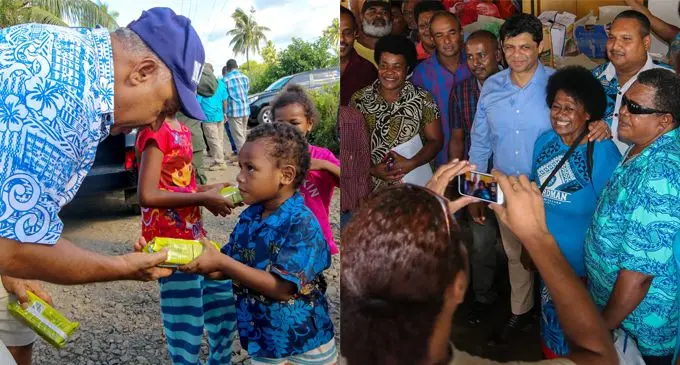 Prime Minister Voreqe Bainimarama and Attorney-General Aiyaz Sayed-Khaiyum visiting flood victims in the Western Division last week.   Photos: DEPTFO News