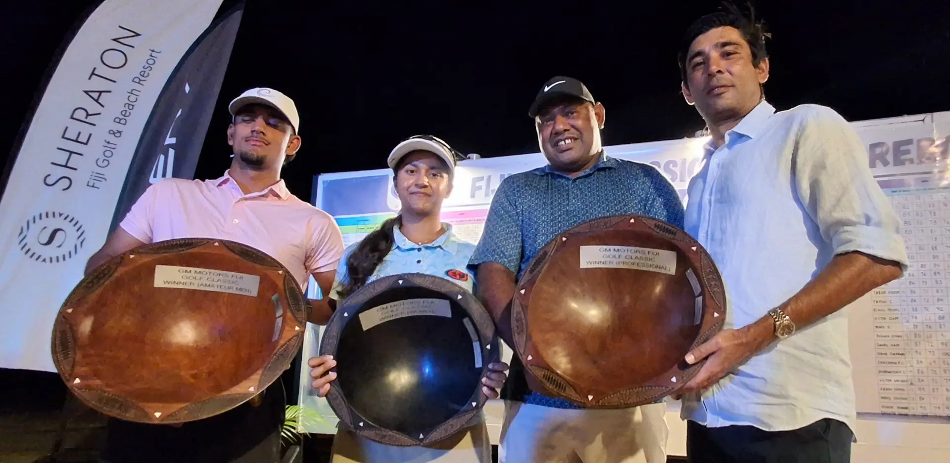 From left-right, men’s amateur winner Rajat Rai, ladies winner Raina Kumar, pro winner Tomasi Tuivuna and GM Motors managing director Alvin Singh at the Denarau Golf & Racquet Club in Denarau on August 1, 2026. Photo: Waisea Nasokia