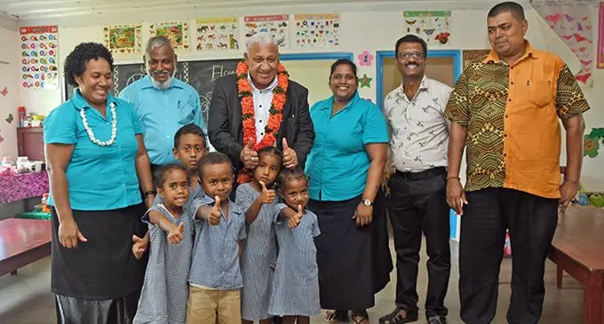 Prime Minister Voreqe Bainimarama with teachers and students of Veisaru Sanatan Dharam School in Ba.   Photo: DEPTFO News