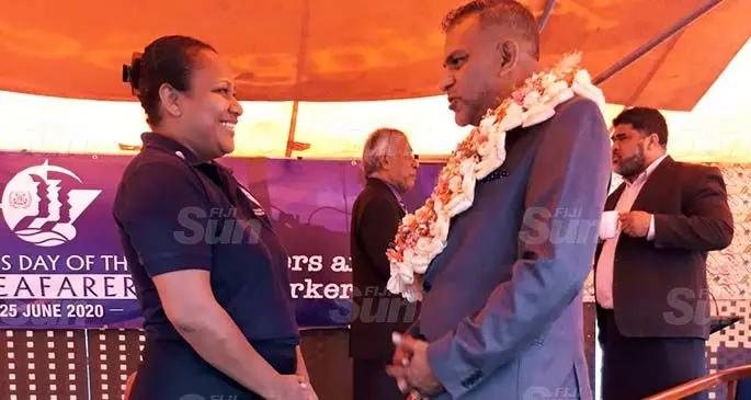 From left: Women in Maritime Association president Jane Koi with Minister for Transport Fayaz Koya on June 25, 2020. Photo: Lusiana Tuimaisala