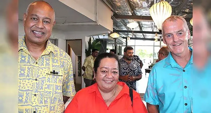 Fiji Commerce and Employers Federation chief executive officer Kameli Batiweti, Managing Director for Value City (SP) Pte Ltd Veera Chute, and Paradise Beverages general manager Mike Spencer at the 2021 TOPEX Conference.