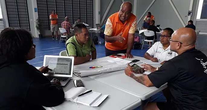 From left, Vela Naucukidi, Henry Yee, Josaia Tuinamata, Della Shaw-Elder and Henry Elder at the Sports Safe Fiji workshop at the Vodafone Arena, Suva, on June 12, 2020. Photo: Sereana Salalo