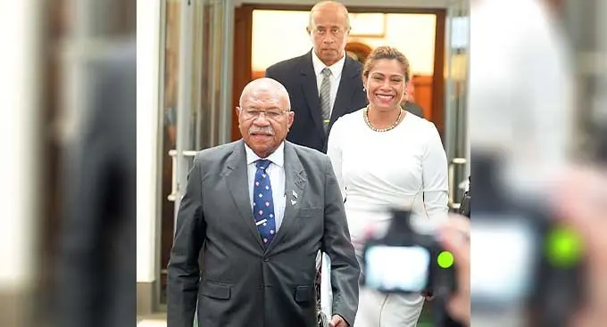 Prime Minister Sitiveni Rabuka followed by Minister for Women, Children and Poverty Alleviation Lynda Tabuya and Minister for Public Works, Transport and Meteorological Services Ro Filipe Tuisawau outside Parliament on December 24, 2022. Photo: Ronald Kumar