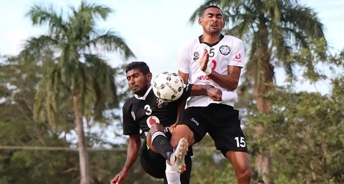 Ba’s Sumeet Goundar defends against Madhwan Goundar of Suva during the Vodafone Pemier League clash at Fiji Footbal Association Academy ground in Ba on August 1, 2020.  Photo: Fiji FA Media