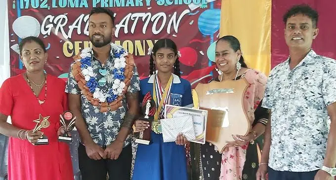 (From left) Anjeshni Deo (Riyansha Deo’s mother), chief guest Ramitesh Kumar, Loma Primary School 2022 dux Riyansha Deo, school head teacher Sharina Riyaz and Bimal Deo (Riyansha Deo’s father). Photo: Waisea Nasokia