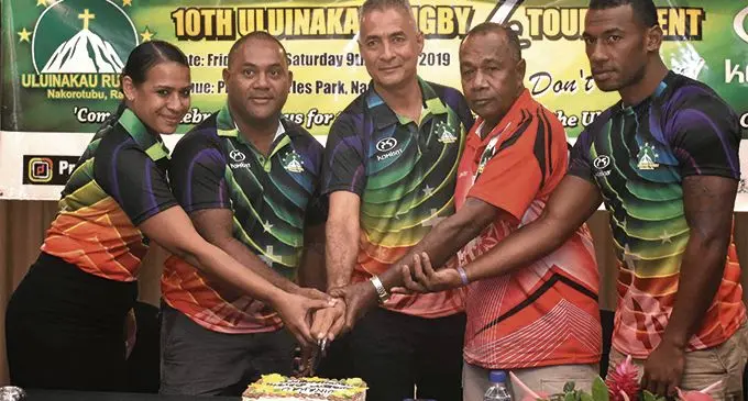 Kombat Sportswear Sales and Marketing Renata Turaganivalu, Uluinakau 7's head coach Male Kolinivala, Kombat Sportswear Managing Director Koji Tokito, Aseri Qura, Semisi Delana during the launch at the Tanoa International Hotel in Nadi yesterday. Photo: WAISEA NASOKIA