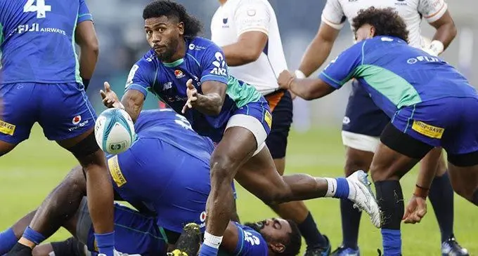 Swire Shipping Fijian Drua halfback Frank Lomani delivers the ball against Moana Pasifika at CommBank Stadium in Sydney, this afternoon. Photo: Stuff 