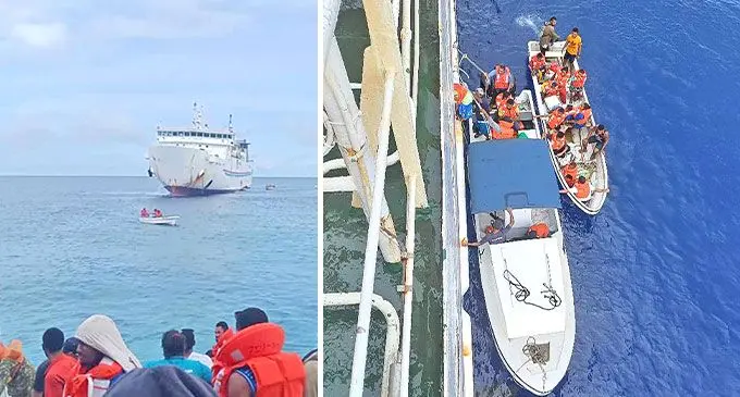 MSAF workers transferring passengers from the MV Lomaiviti Princess VII which ran aground on Cakova Reef near Moala Island, Lau, on November 28, 2024.