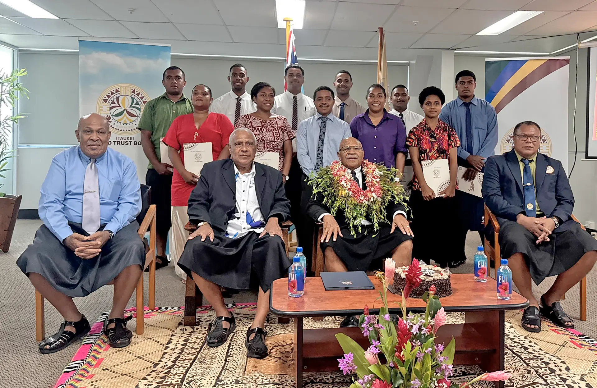From left (sitting): Minister for iTaukei Affairs Ifereimi Vasu, Tui Suva Sanaila Madanavosa, Prime Minister Sitiveni Rabuka, and iTaukei Land Trust Board (TLTB) CEO Solomone Nata with the fifteen scholarship recipients at Suvavou House on February 23, 2026.