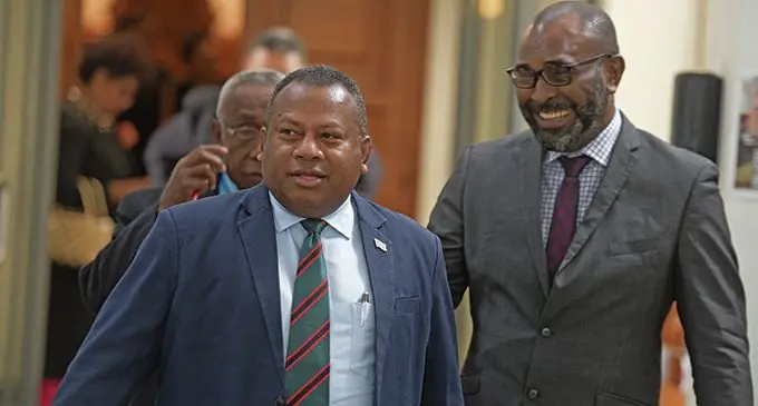 From left: Minister for Defence and National Security Inia Seruiratu and SODELPA Opposition MP Dr Atonio Lalabalavu outside Parliament in Suva on February 11, 2021.  Photo: Ronald Kumar