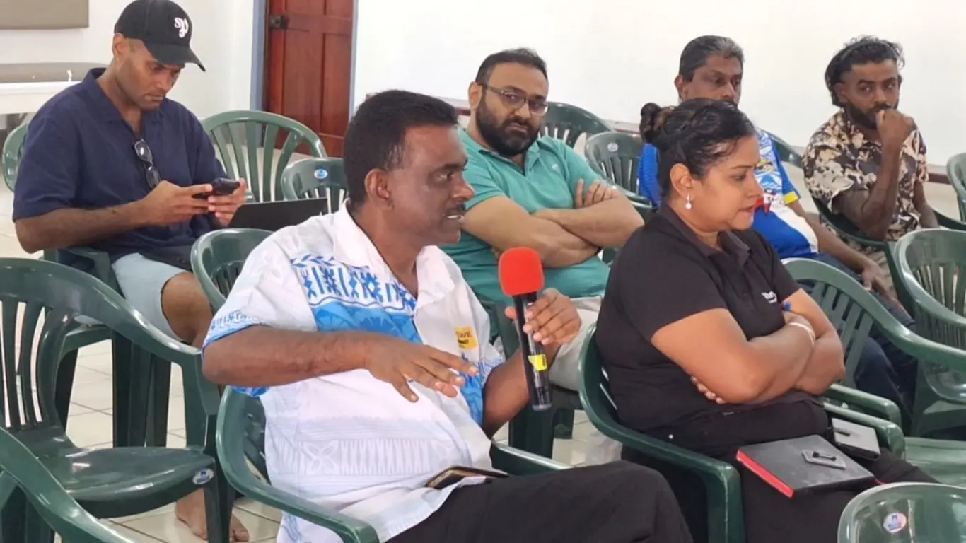  Shop 2 Save Supermarket Sigatoka manager Abdul Aziz (with mic) speaking during the public consultation on the proposed Competition and Consumer Commission Bill 2026 in Sigatoka.
