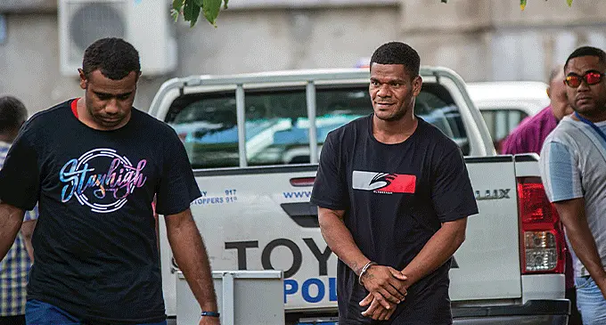 Murder accused Apisai Madigibuli outside the Suva Magistrate's Court on April 29, 2024. It is alleged Madigibuli murdered his wife in an apartment at Waimanu Rd, Suva, last Thursday. He remains in custody and his case transferred to the High Court. Photo: Leon Lord
