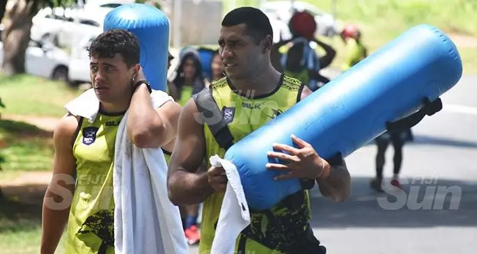 Fijian Latui squad members Caleb Muntz (left) and John Stewart at the Fiji Airports grounds on February 19, 2020. Photo: Waisea Nasokia
