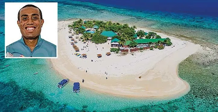 South Sea Island in the Mamanuca Group. Inset: Penioni Narube says day cruises with the family to Tivua Island and South Sea Island in Mamanuca was one of his favourite travel experiences in Fiji.