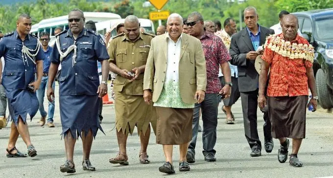 Acting Police Commissioner Rusiate Tudravu (left), Prime Minister Voreqe Bainimarama (third from left) and Nayavu Chief Moave Waqaniwalu (far right) during opening of the Nayavu Community Police Post in Wainibulka on August 14, 2020. Photo: Ronald Kumar