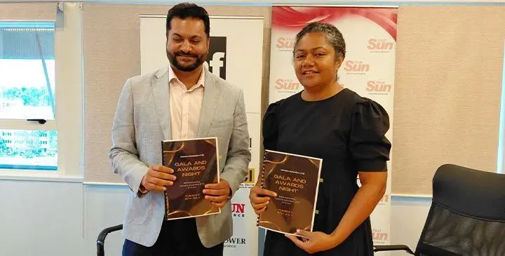 From left: Insurance Association of Fiji (IAF) chairman Avi Raju and Fiji Sun Acting Publisher/CEO Rosi Doviverata after signing the media partnership agreement in Suva on July 8, 2025. Photo: Kaneta Naimatau
