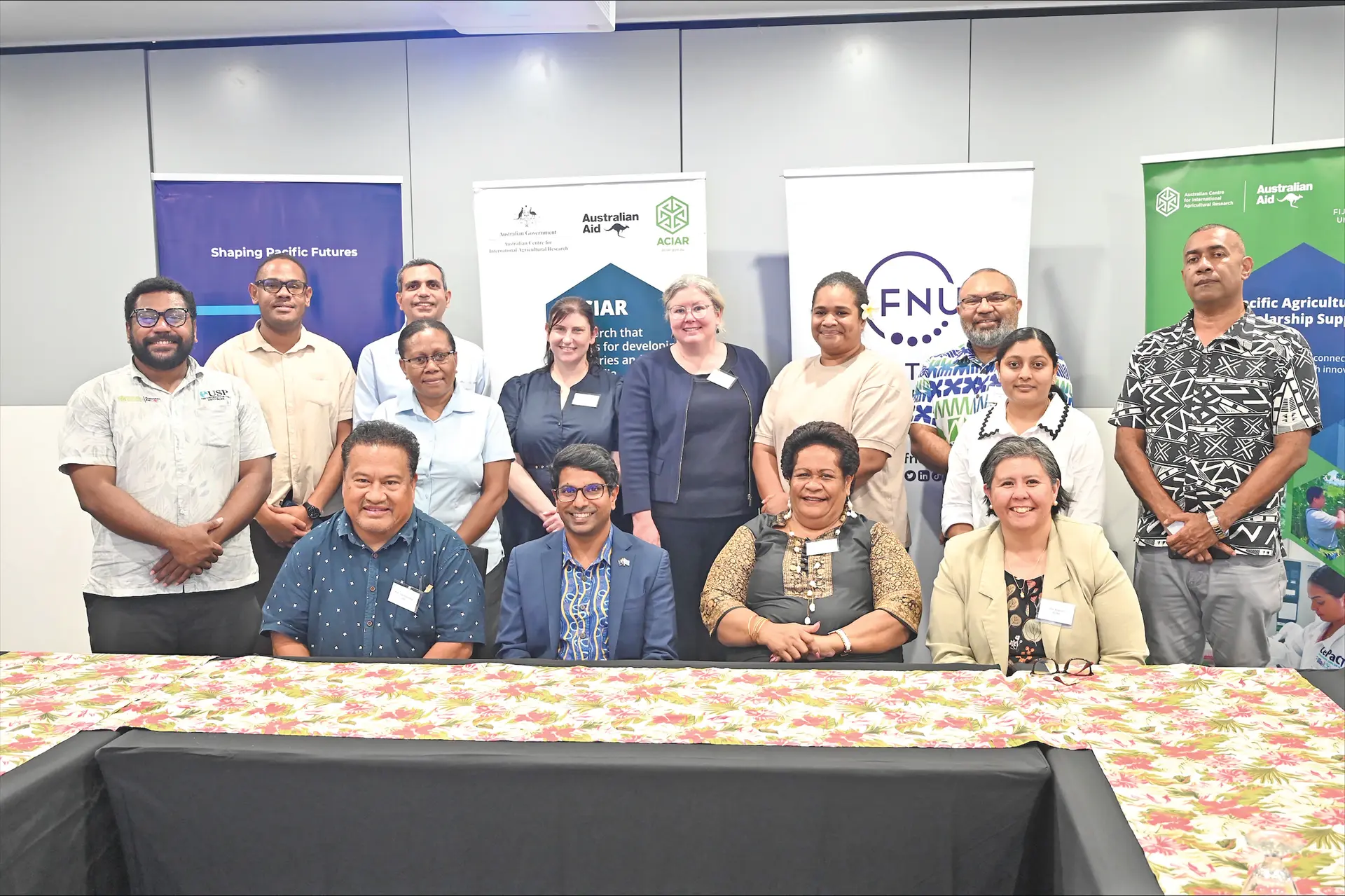 From left: University of the South Pacific Deputy Vice-Chancellor and Vice-President (Education), Professor Jito Vanualailai, Australian High Commission Counsellor for Economic and Development Cooperation, Vas Withanage, Fiji National University Vice-Chancellor, Professor Unaisi Nabobo-Baba, ACIAR Regional Manager Pacific Mai Alagcan. Standing (L-R) USP ACIAR Graduate officer, Josevata Cava, ACIAR Assistant Manager, Jone Ravuikadavu, USP researcher, Professor Utkal Meha, Vanuatu PASS scholar, Norah Rihai, ACIAR PASS Manager Capacity Development, Michelle Bruce, ACIAR Director Capacity Development, Jennifer Ross, PASS Alumni Salote Nasalo, FNU Associate Professor, Dr Donald Wilson, PASS Job Ready Program and Local Coordinator Shivani Singh and FNU College of Agriculture, Fisheries and Forestry (CAFF), Dr Kaliova Ravuiwasa on August 11, 2026.
