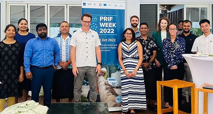 Pacific Regional Infrastructure Facility technical assistant Tim Stats (fifth from left) with attendees at Greenhouse Studio on October 17,2022. Photo: Laisa Lui.