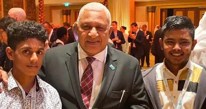 From left: Kamil Muslim College teacher Rinal Prasad, student Mohammed Shahil Hussain, Prime Minister Voreqe Bainimarama and student Alsheik Ali in Abu Dhabi, United Arab Emirates. Photo: Office of the Prime Minister