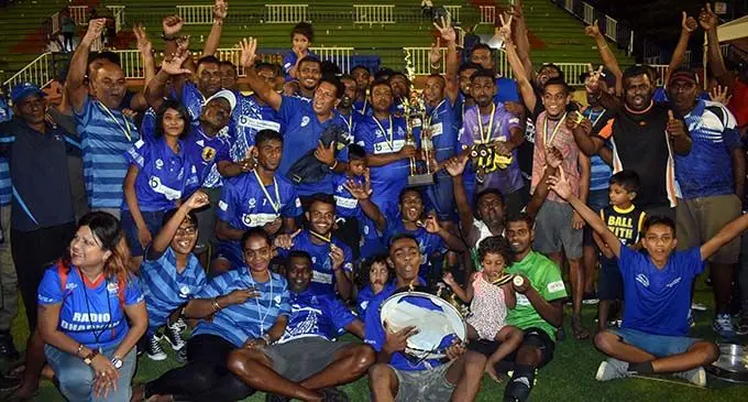 	Lautoka TIV players, officials and supporters celebrate after their 1-0 win over Nadi in final at Churchill Park, Lautoka on April 22, 2019.  Photo: Waisea Nasokia