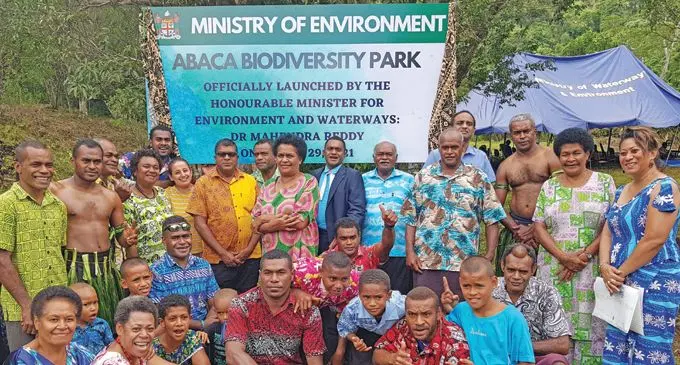 The Minister for Agriculture, Waterways and Environment Mahendra Reddy (standing seventh from left) with Abaca community members on March 29,2021 in Lautoka after the launch of the Biodiversity park.