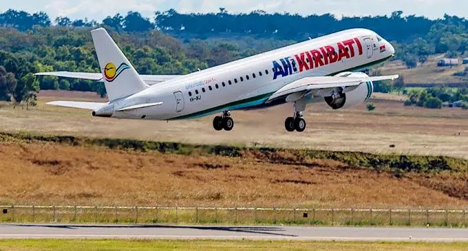 The Air Kiribati Embraer El90 E2 aircraft registered as VH-IKJ taking off from Toowoomba Wellcamp Airport, Queensland