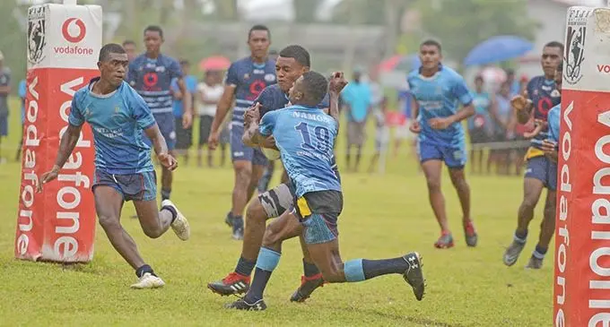 Namosi Warriors defend against John Wesley in the Under-19 clash of the South East Zone of the Fiji Secondary Schools Rugby League clash at Marcellin Primary School ground in Vatuwaqa, Suva, on February 27, 2021. Photo: Ronald Kumar