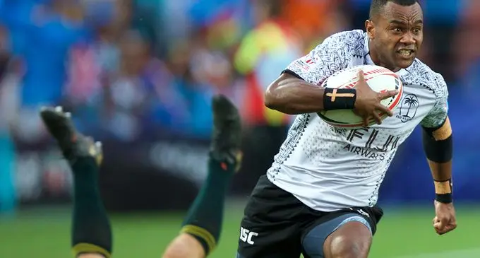 Fiji Airways Fijian 7s rep Alosio Naduva on his way to the tryline in Cup final against South Africa on February 4, 2018. Photo: Bruce Southwick/Zoomfiji