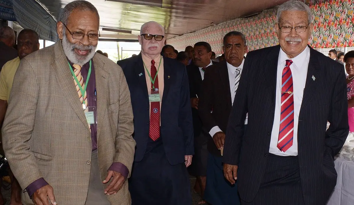 Methodist Church of Fiji and Rotuma Vice President Ratu Peni Volavola (left) with Laisenia Qarase during the Conferece at Centenary Church on August 22, 2019. Photo: Ronald Kumar.
