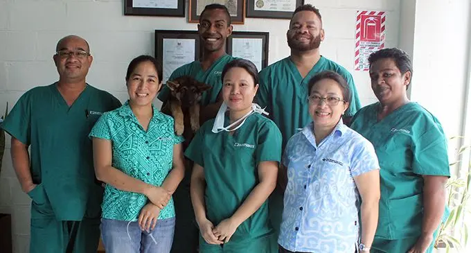 Vet Essentials Fiji Animal doctors at the centre in Lami (front, from left) Dr Leo Borja and Dr Elva Borja, Dr Beverly Balume, Etchel Del Pilar, Vilimaina Rauqeuqe, (back, from left) Anasa Waqa and Suluveni Turagaicei   Photo: Simione Haravanua
