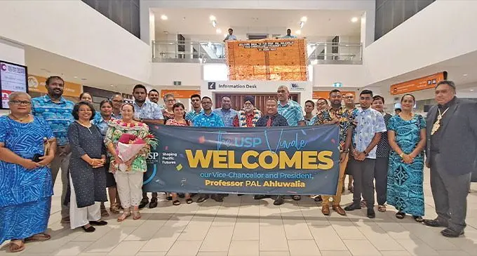 University of the South Pacific (USP) vice-chancellor and president Professor Pal Ahluwalia and his wife Sandra Price, with staff of USP at the Nadi International Airport on February 10, 2023. Photo: Waisea Nasokia