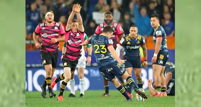 SUPER SUB...Bryn Gatland kicks the winning drop goal for the Highlanders against the Chiefs at Dunedin on June 13,2020.Photo: Stuff
