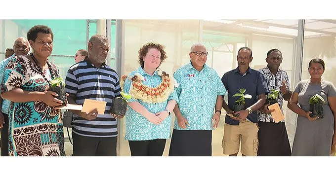 From left: Farmers Teresia Sisilia, Jimione Biumaiwai, new Canadian High Commissioner to the Pacific Joanne Lemay, Prime Minister Voreqe Bainimarama, Jagdish Kumar, Usaia Tawakevou and Salasaini Kavunono after receiving kava seedlings and farming assistance from Ministry of Agriculture on April 13, 2022. Photo: Ronald Kumar